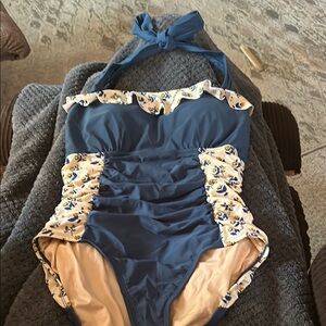 Matilda Jane Blue and White Ruffled One Piece Swimsuit